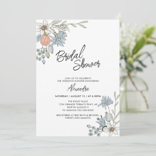 Invitation Boho Spring Blue Floral Bridal Brunwer Invit (Debout devant)