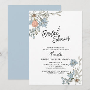 Invitation Boho Spring Blue Floral Bridal Brunwer Invit
