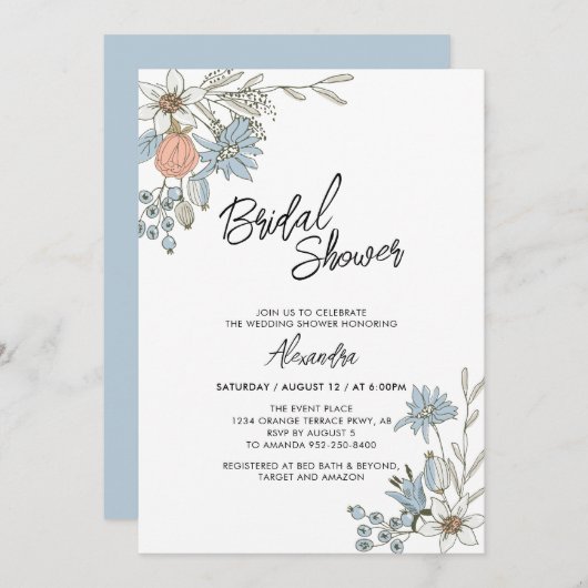 Invitation Boho Spring Blue Floral Bridal Brunwer Invit (Devant / Derrière)