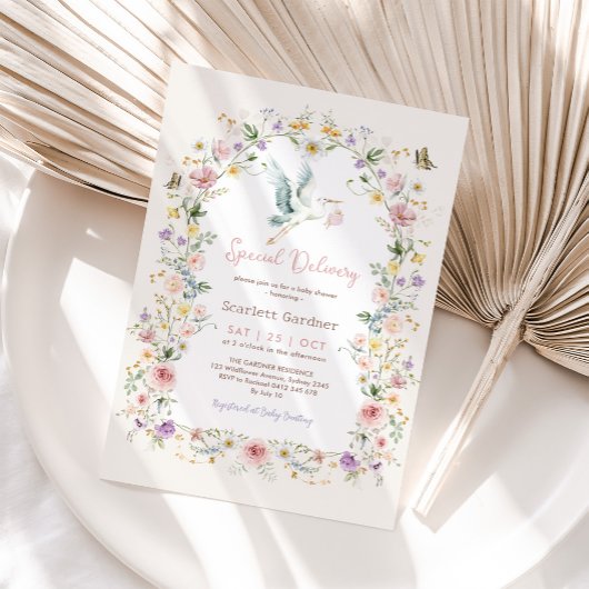 Invitation Boho Spring Fleur sauvage Stork Girl Baby shower