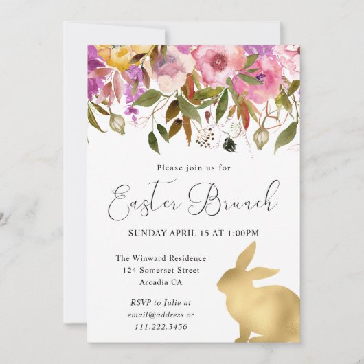 Invitation Boho Spring Flowers and Gold Bunnies Brunch de Pâq (Devant)