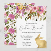 Invitation Boho Spring Flowers and Gold Bunnies Brunch de Pâq (Devant / Derrière)