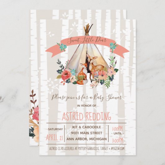 Invitation Boho Spring Little Deer Woodland Baby shower (Devant / Derrière)