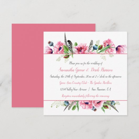Invitation Boho Style Pink Poppies Plumes Mariage de verdure (Devant / Derrière)