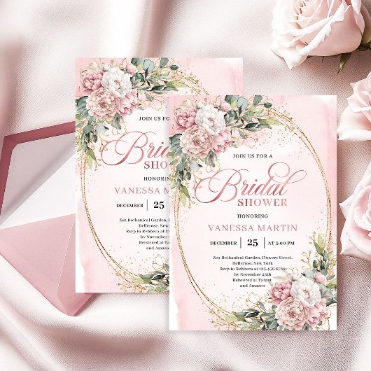 Invitation Boho Stylish Dusty Pink Floral Gold Bridal Shower
