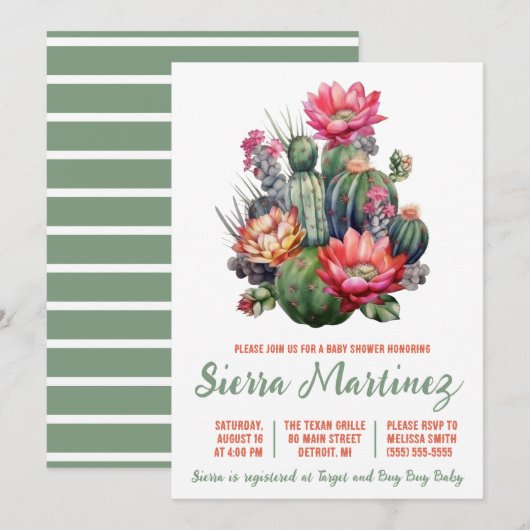 Invitation Boho Succulent, Cactus, Ouest, Baby shower (Devant / Derrière)