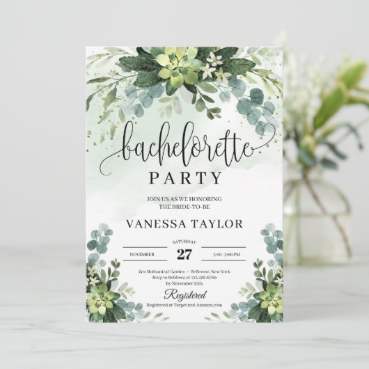 Invitation Boho succulent eucalyptus bachelorette (Debout devant)