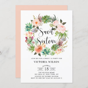 Invitation Boho Succulent Floral Wreath Sweet sixteen Party