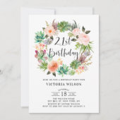 Invitation Boho Succulents Floral Wreath 21e fête d'anniversa (Devant)