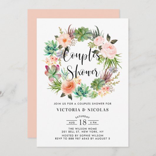 Invitation Boho Succulents Floral Wreath Couples Douche (Devant / Derrière)