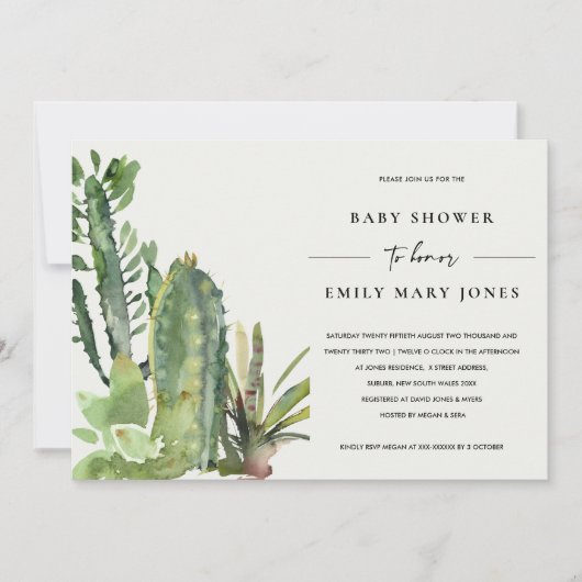 INVITATION BOHO SUCCULT DESERT CACTI FAUNA BABY SHOWER (Devant)