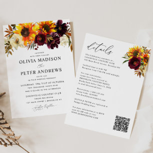 Invitation Boho Sunflower Bourgogne Floral Tout en un Mariage