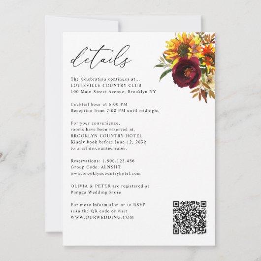 Invitation Boho Sunflower Bourgogne Floral Tout en un Mariage (Dos)