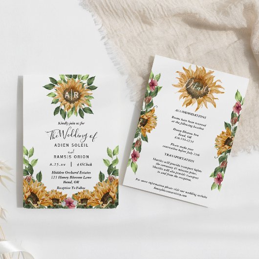 Invitation Boho Sunflower Monogramme Détails du Mariage Tout