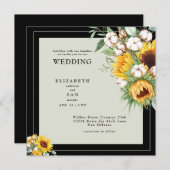 Invitation Boho Sunflowers & Cotton Carré Black Mariage (Devant / Derrière)