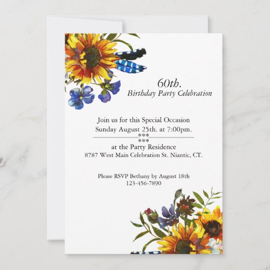 Invitation Boho Sunflowers, Plumes, Personnalisable, Annivers (Devant)