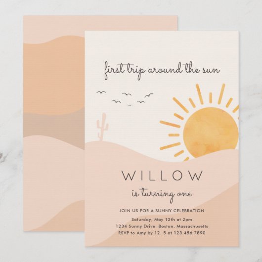 Invitation Boho Sunshine 1er voyage autour du soleil Annivers (Devant / Derrière)