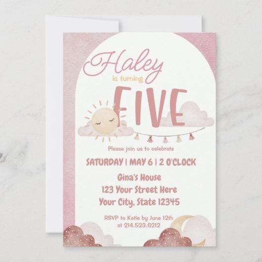 Invitation Boho Sunshine 5e anniversaire de fête aquarelle (Devant)