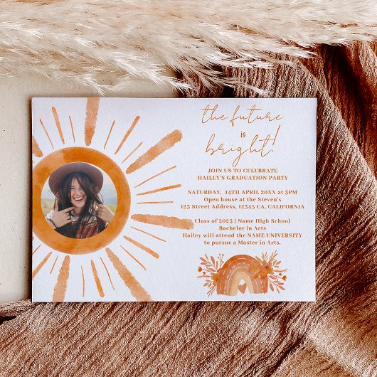 Invitation Boho sunshine arc-en-ciel orangé graduation photo