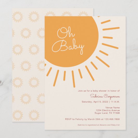 Invitation Boho Sunshine Genre Neutral Baby shower Invitatiat (Devant / Derrière)