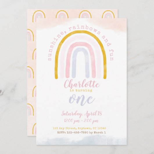 Invitation Boho Sunshine, Rainbows et Fun First Birday (Devant / Derrière)