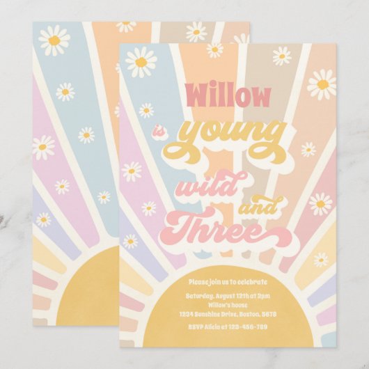 Invitation Boho Sunshine Young Wild Et Trois Anniversaires (Devant / Derrière)
