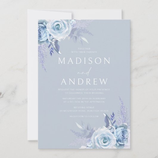 Invitation Boho superbe Mariage bleu Dusty (Devant)