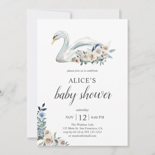 Invitation Boho Swan Dusty Blue Beige Fleurs Baby shower (Devant)