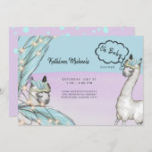 Invitation Boho Talking Llama rose Turquoise Oh Baby shower (Devant / Derrière)