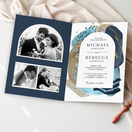 Invitation Boho Taupe Bleu Nuit Pinceaux Code QR Mariage
