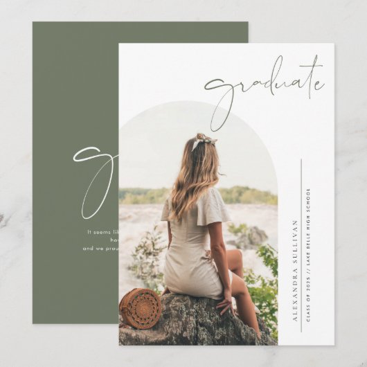 Invitation Boho Taupe Green Minimalist Arch Photo Graduation (Devant / Derrière)
