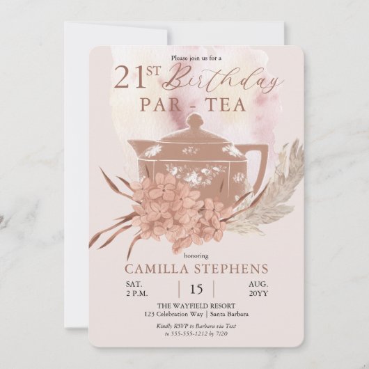 Invitation Boho Teapot Hydrangeas Pampas 21e fête d'anniversa (Devant)