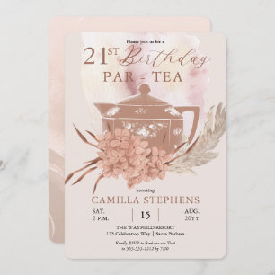 Invitation Boho Teapot Hydrangeas Pampas 21e fête d'anniversa