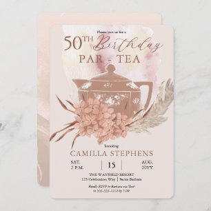 Invitation Boho Teapot Hydrangeas Pampas 50ème anniversaire