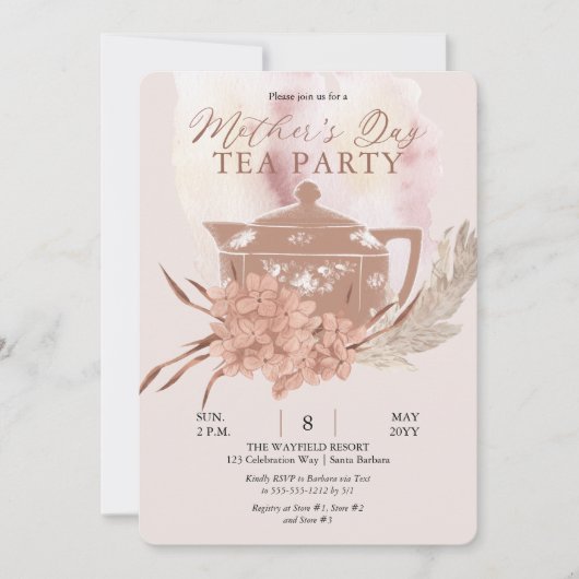 Invitation Boho Teapot Hydrangeas Pampas Tea Inv Fête des Mèr (Devant)