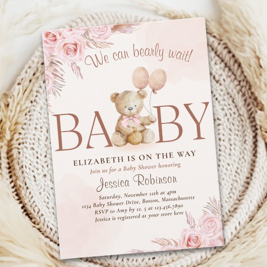 Invitation Boho Teddy Bear Baby Shower Girl