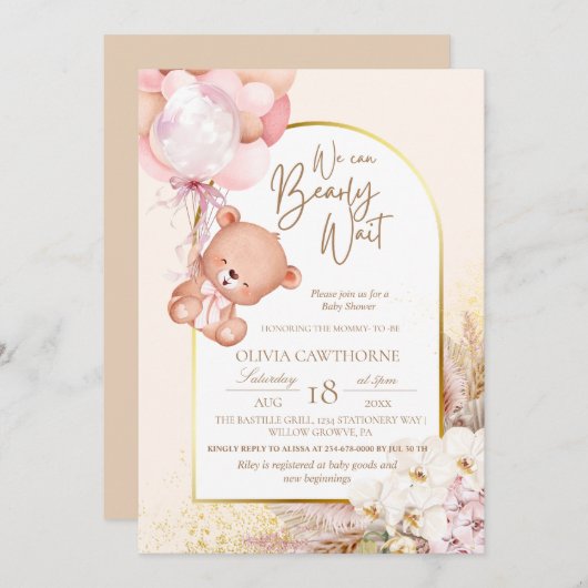 Invitation Boho Teddy Bear Baby shower moderne et fleuri (Devant / Derrière)