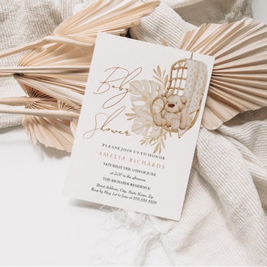 Invitation Boho Teddy Bear Baby shower neutre