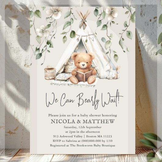 Invitation Boho Teddy Bear Baby shower neutre