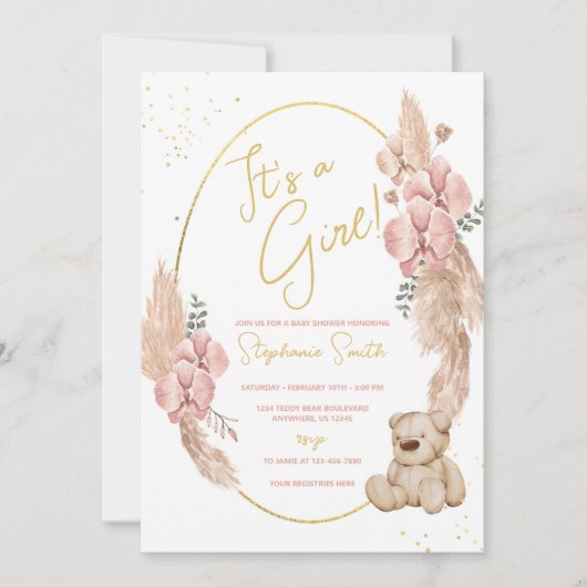 Invitation Boho Teddy Bear Baby shower rose et or (Devant)