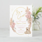 Invitation Boho Teddy Bear Baby shower rose et or (Debout devant)