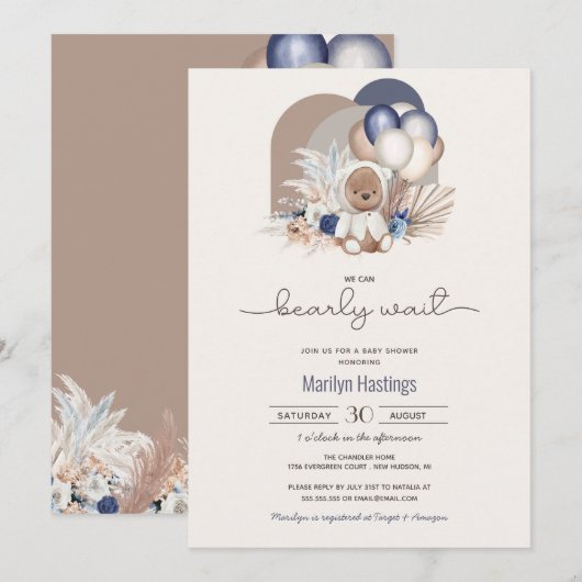 Invitation Boho Teddy Bear & Balloons Bearly Wait Baby shower (Devant / Derrière)