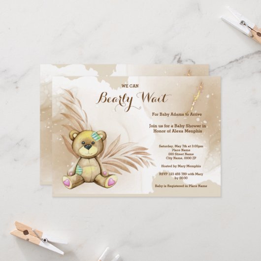 Invitation Boho Teddy Bear Bearly Wait Baby shower (Devant/Arrière en situation)