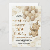 Invitation Boho Teddy Bear Beary First 1st Birthday Party (Devant / Derrière)