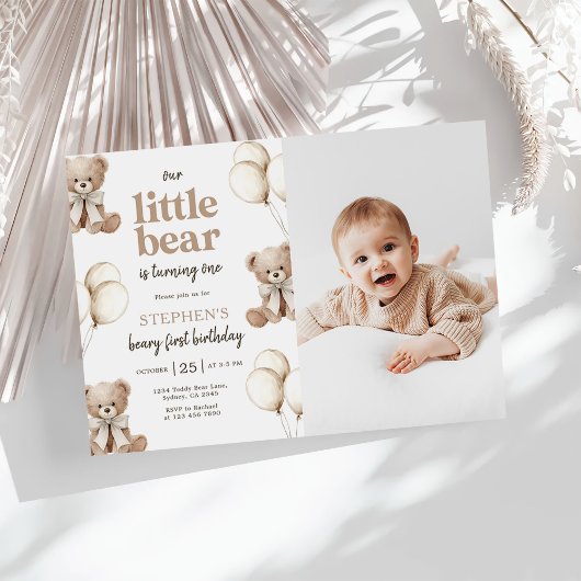 Invitation Boho Teddy Bear Beary First 1st Birthday Photo