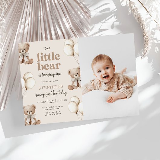 Invitation Boho Teddy Bear Beary First 1st Birthday Photo