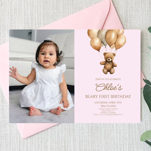 Invitation Boho Teddy Bear Beary Premier anniversaire fête