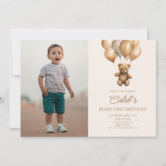 Invitation Boho Teddy Bear Beary Premier anniversaire fête (Devant)