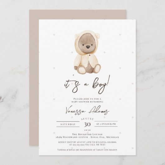 Invitation boho teddy bear bebe wait baby boy shower (Devant / Derrière)