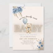 Invitation Boho Teddy Bear Boy Blue à peine attendre bébé (Devant)